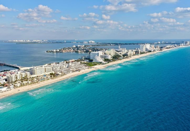 Aerial view of Cancun's hotel zone showing land parcels near the Nichupte Bridge