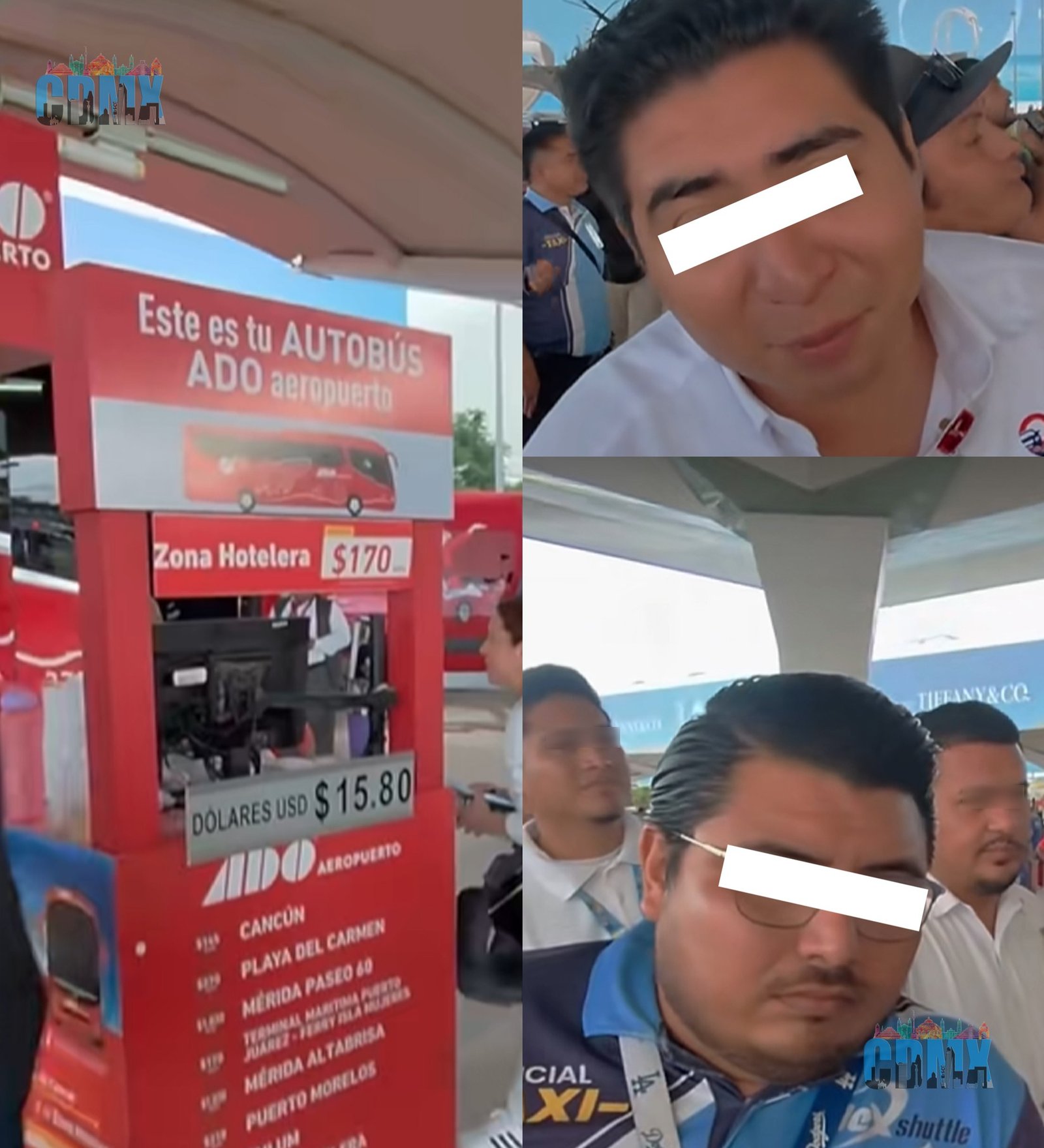 A tourist compares taxi and bus prices at Cancún International Airport