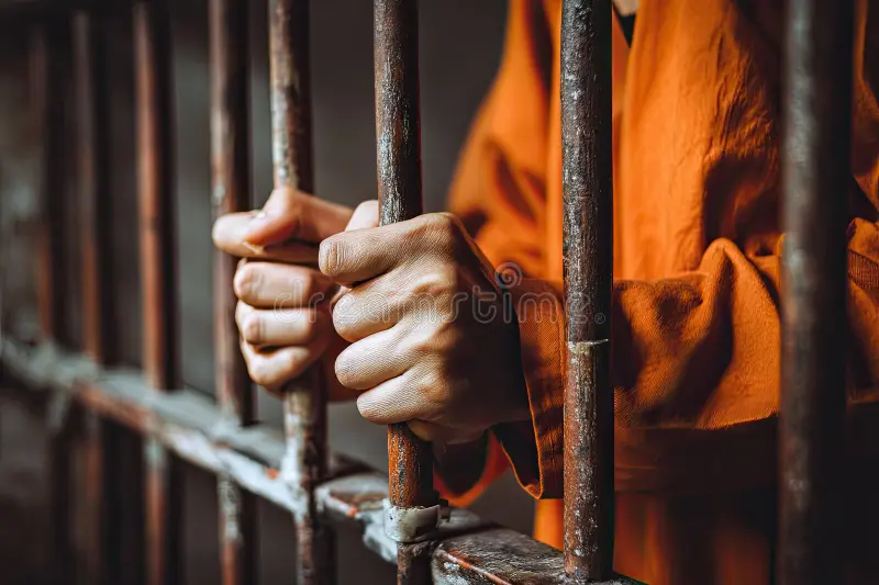 A person's hands gripping rusty prison bars, wearing an orange outfit, suggesting a state of confinement.