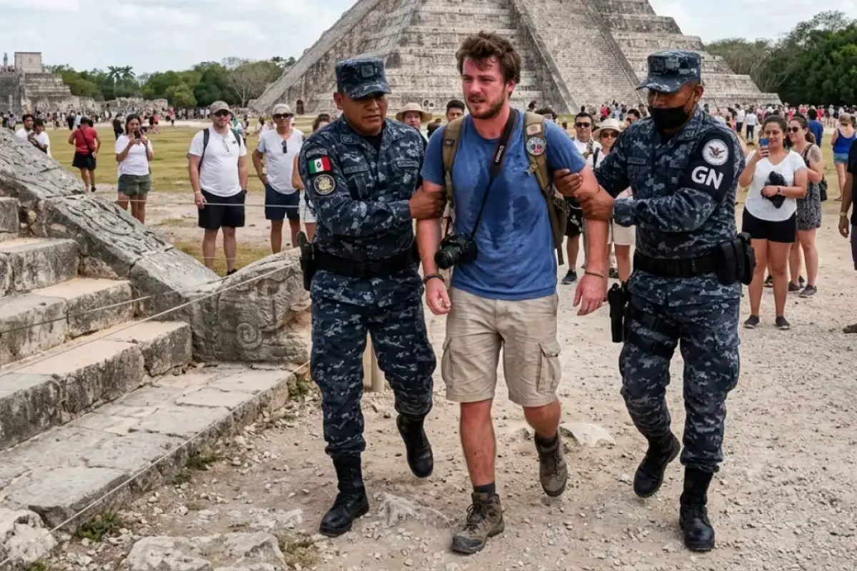 Tourists climbing the pyramid at Chichén Itzá archaeological site