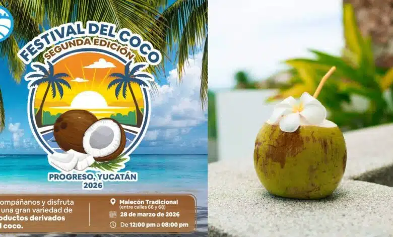 A festive scene at the Coconut Festival in Progreso, Yucatan, with vendors and attendees.