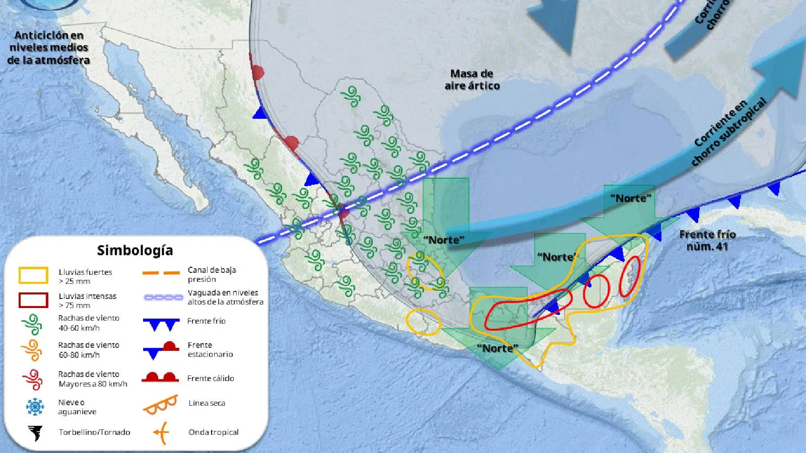 Weather map showing Cold Front 41 affecting Quintana Roo with rainfall and wind patterns