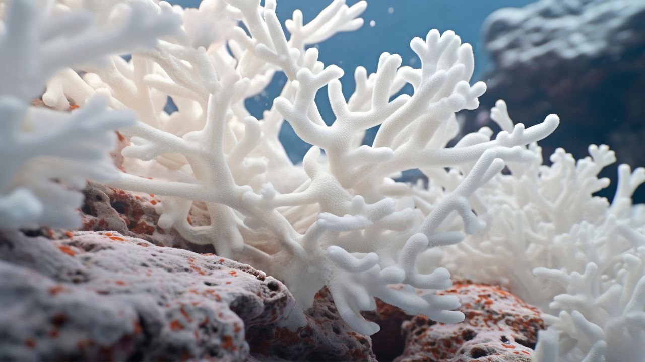 A bleached coral reef in the Mexican Caribbean showing signs of environmental stress