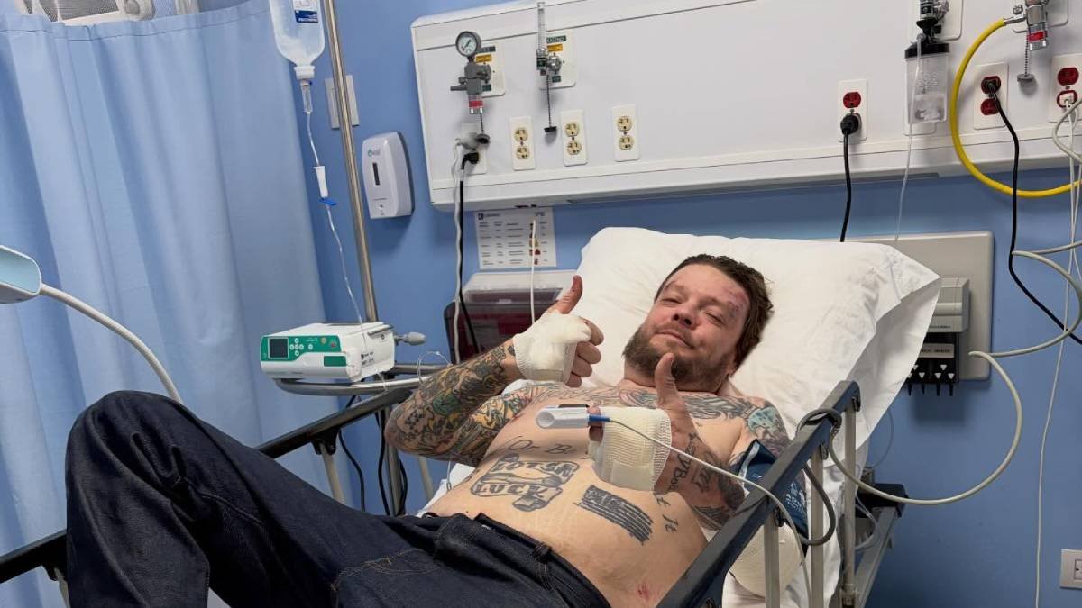 Corey Harrison, star of Pawn Stars, in a hospital bed after his motorcycle accident in Tulum, Mexico