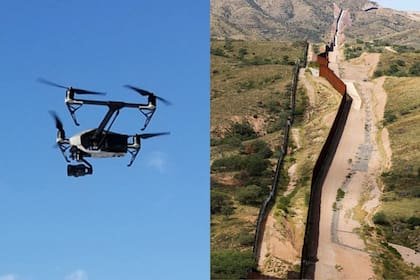 A drone flying over a desert landscape on the left, and a border wall cutting through the terrain on the right.$#$ CAPTION