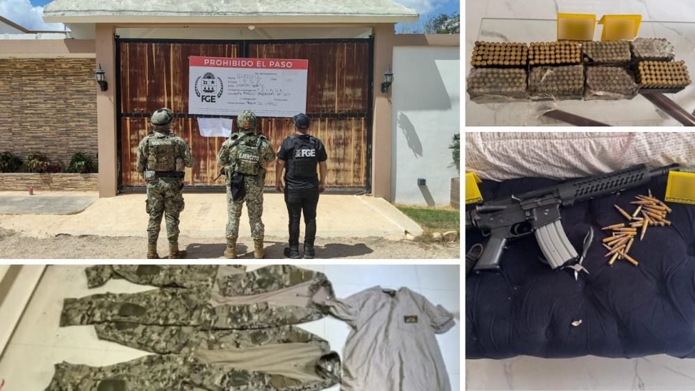 Seized drugs, firearms, and tactical equipment displayed on a table after raids in Lázaro Cárdenas, Quintana Roo