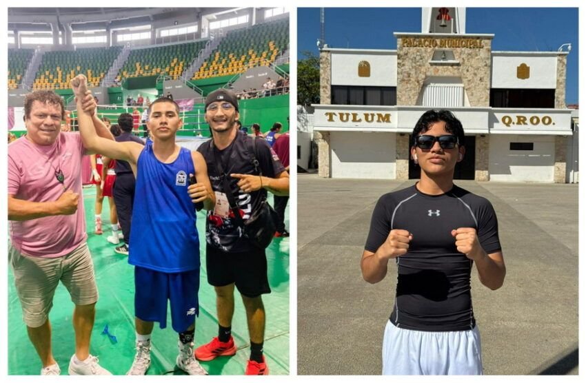 Emiliano López Valadez, a boxer from Tulum, Mexico, celebrating his regional tournament victory