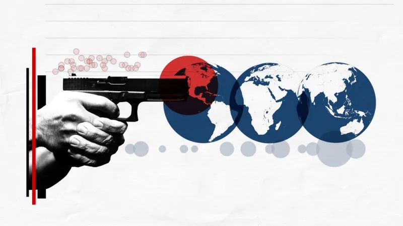 A graphic showing a hand holding a gun alongside world map elements and dots representing gun violence data.$# CAPTION