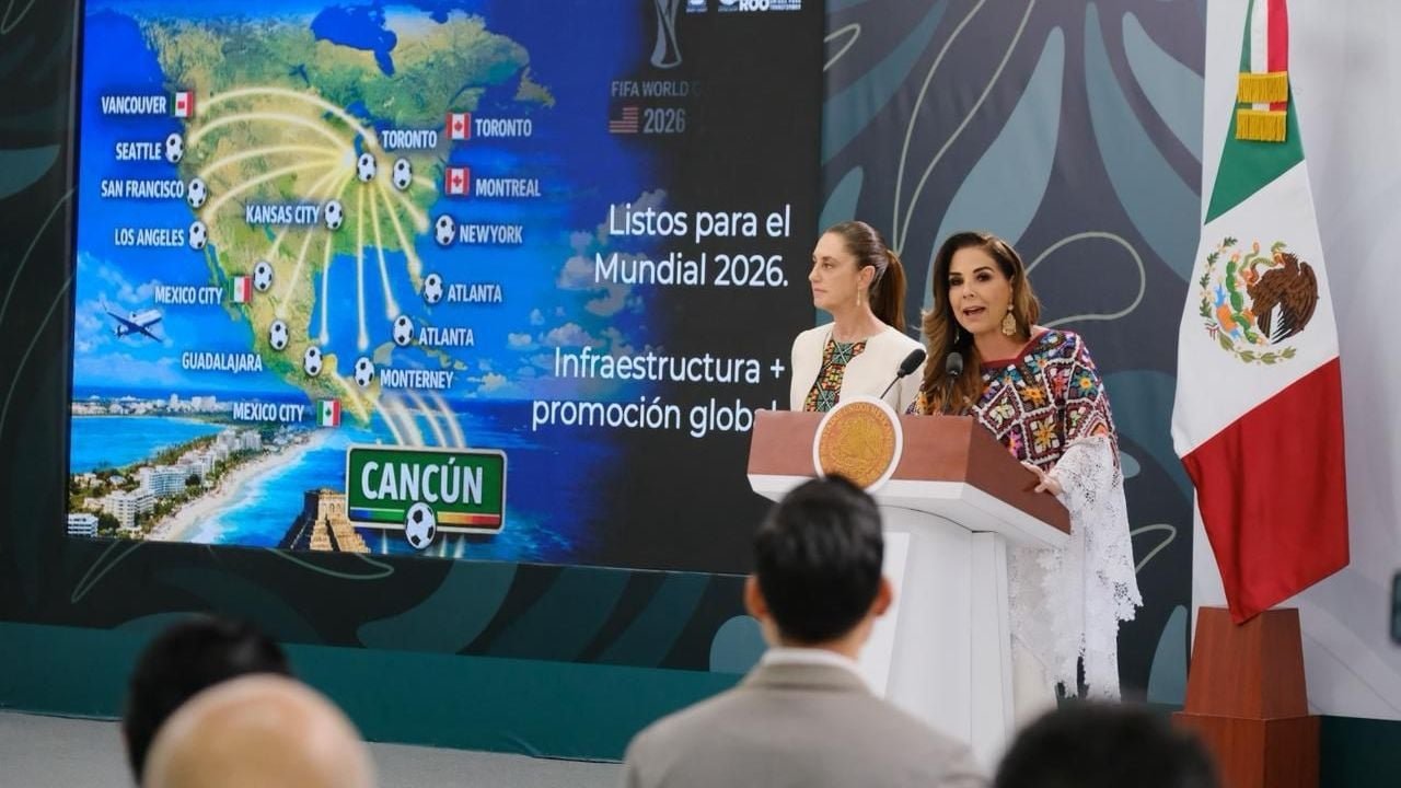 Quintana Roo Governor Mara Lezama speaking at a press conference alongside Mexican President Claudia Sheinbaum in Cancun