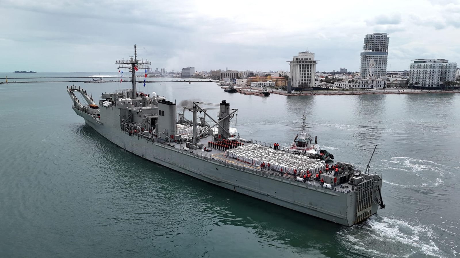 A ship loaded with humanitarian aid prepares to depart from Mexico to Cuba