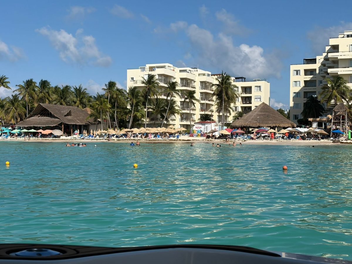 Aerial view of Isla Mujeres coastline with hotels and beaches