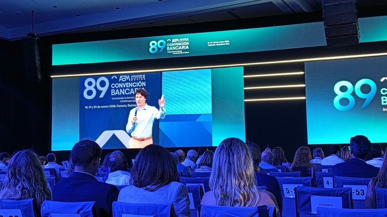 Former Canadian Prime Minister Justin Trudeau addressing attendees at the 89th Banking Convention in Cancún, Mexico