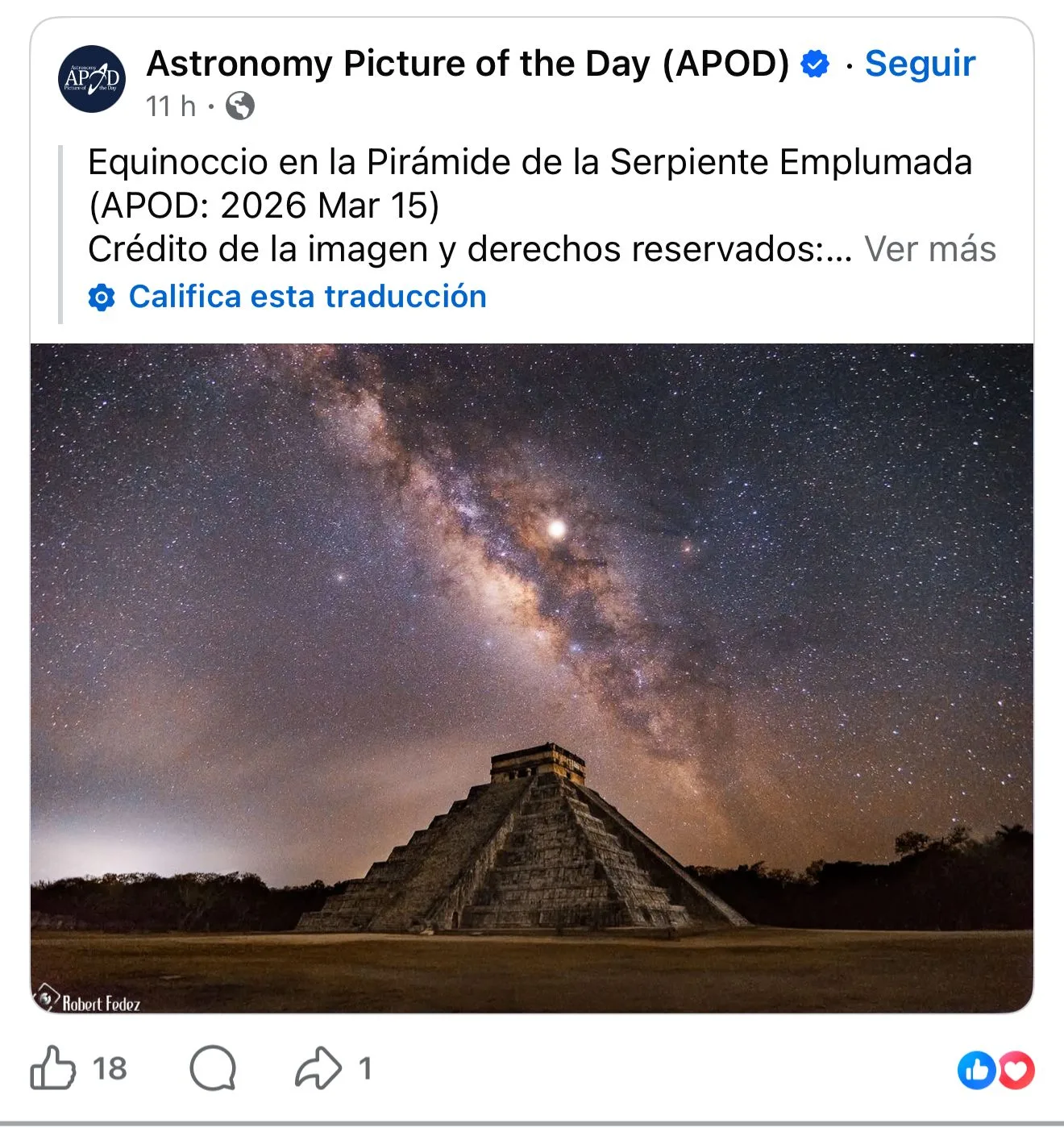 Photograph of the Kukulcán pyramid at Chichén Itzá with the Milky Way in the night sky