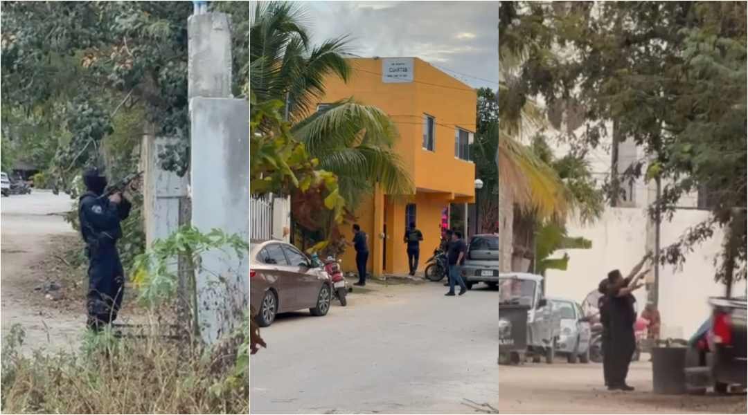 A collage image showing the scene in La Veleta neighborhood, Tulum, following a shooting incident.