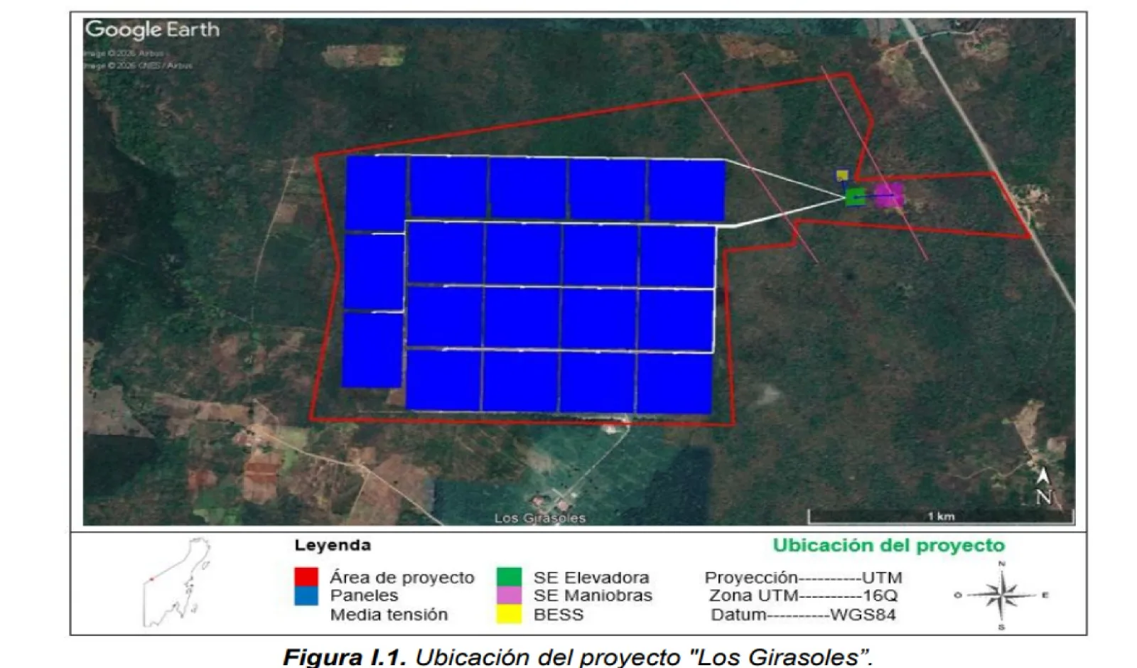 Aerial view of the proposed Los Girasoles solar farm site in José María Morelos, Quintana Roo