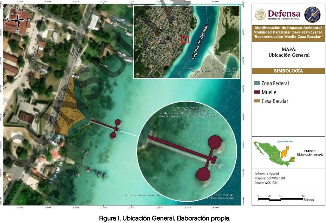 A detailed map showing the location and layout of the Bacalar Dock Reconstruction Project, including federal zones and symbols for key features. The map includes an inset highlighting the area of interest.