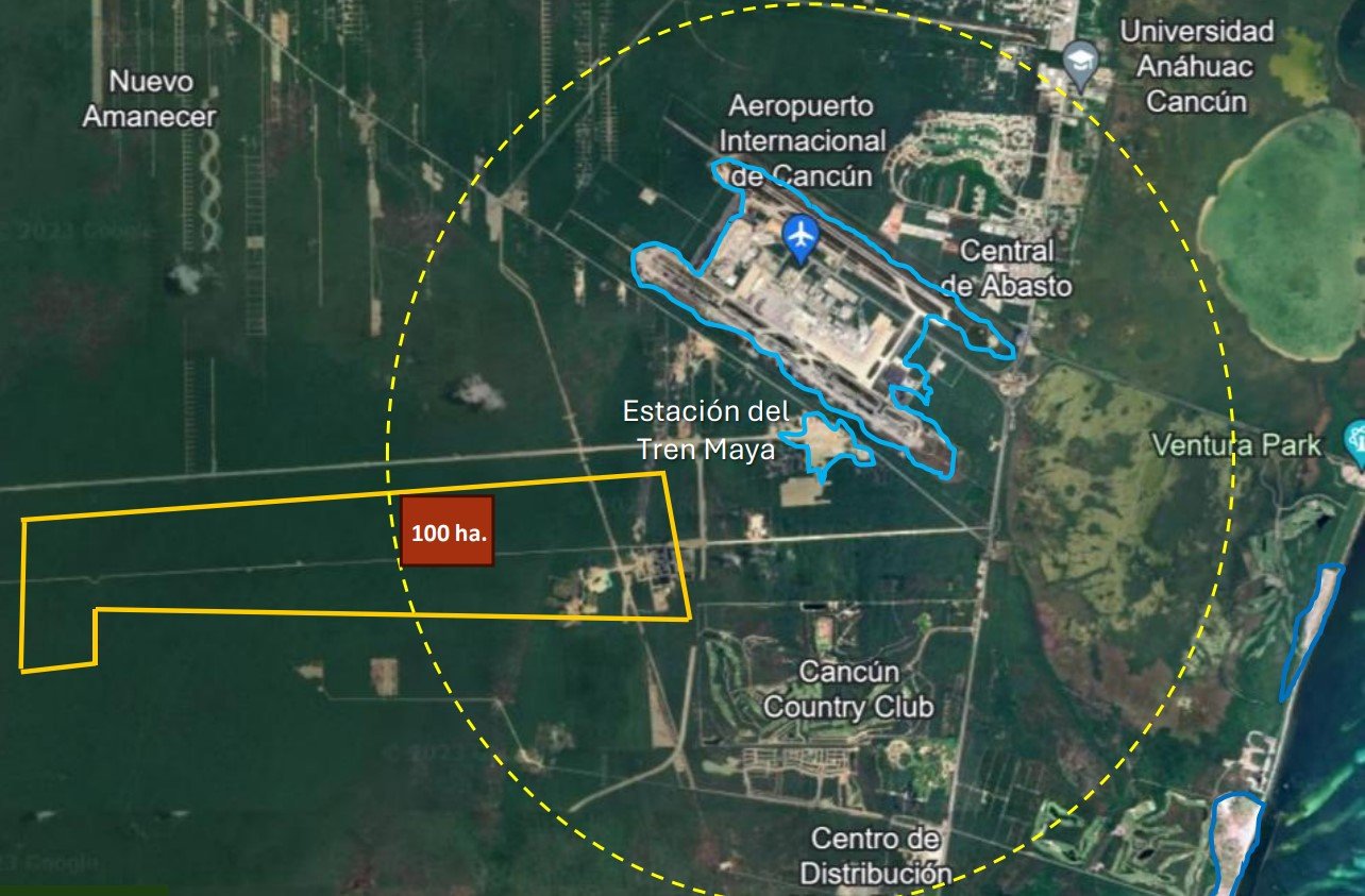 A satellite map showcasing the Cancun International Airport, Tren Maya station, and surrounding areas, with designated land marked in yellow and labeled as "100 ha."