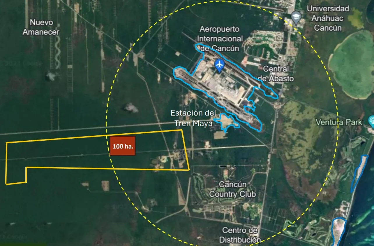 A satellite map showcasing the Cancun International Airport, Tren Maya station, and surrounding areas, with designated land marked in yellow and labeled as "100 ha."