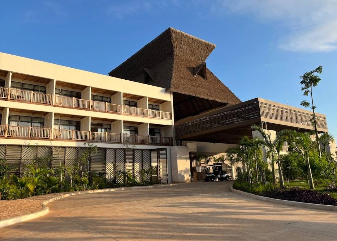 Exterior facade of a hotel associated with the Maya Train project near Chichen Itza