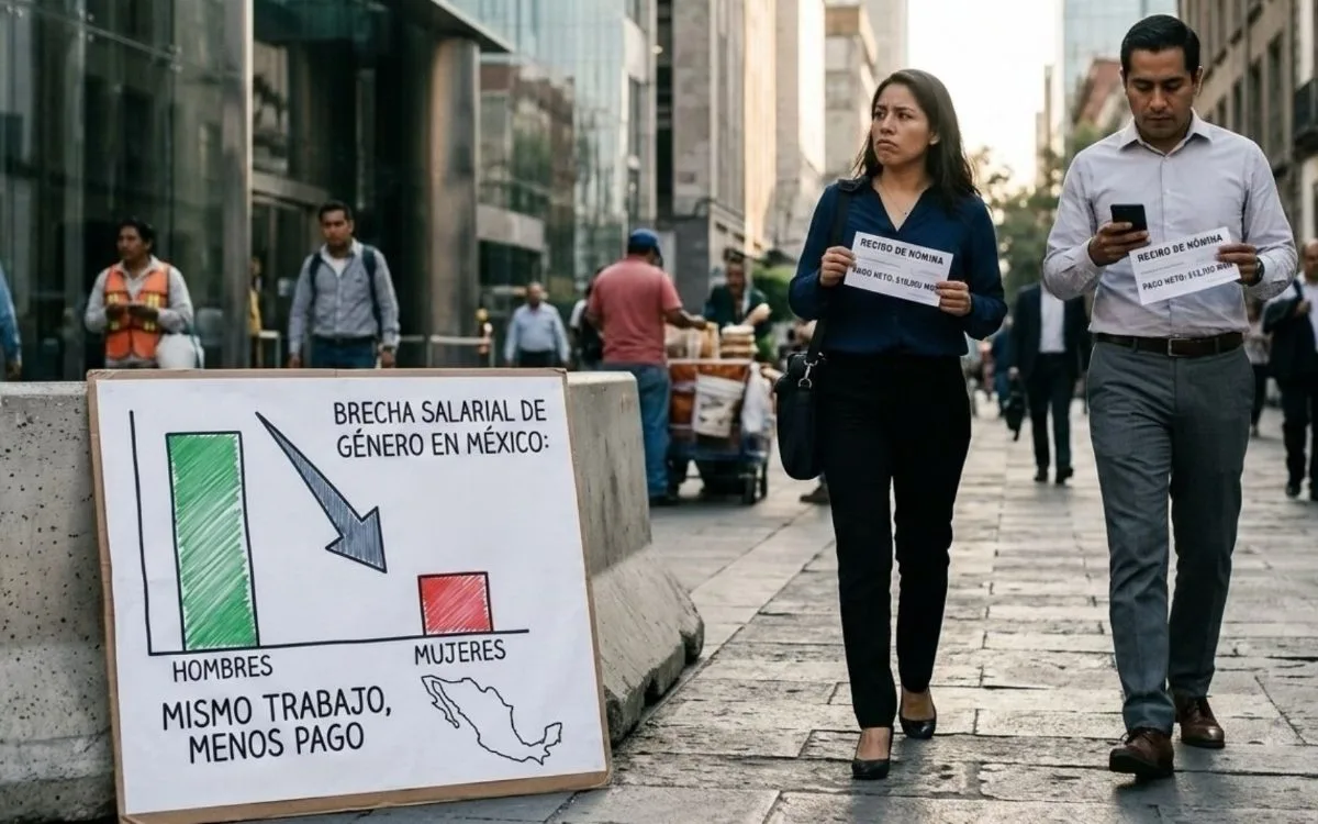 A chart or graphic illustrating the gender pay gap in Mexico, with data from the CEEY report