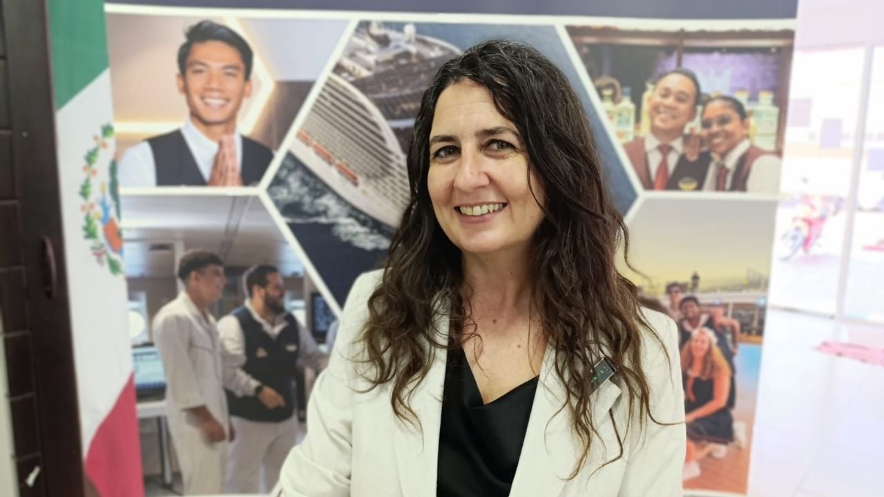 Virginia Grimaldi, MSC Cruises representative, speaks at a recruitment event in Cozumel