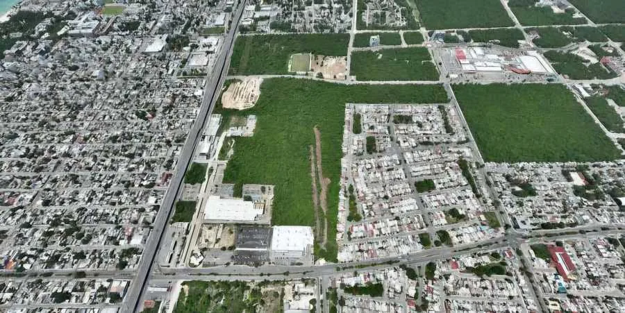 Aerial view of Playa del Carmen, Mexico, showing urban development and coastline