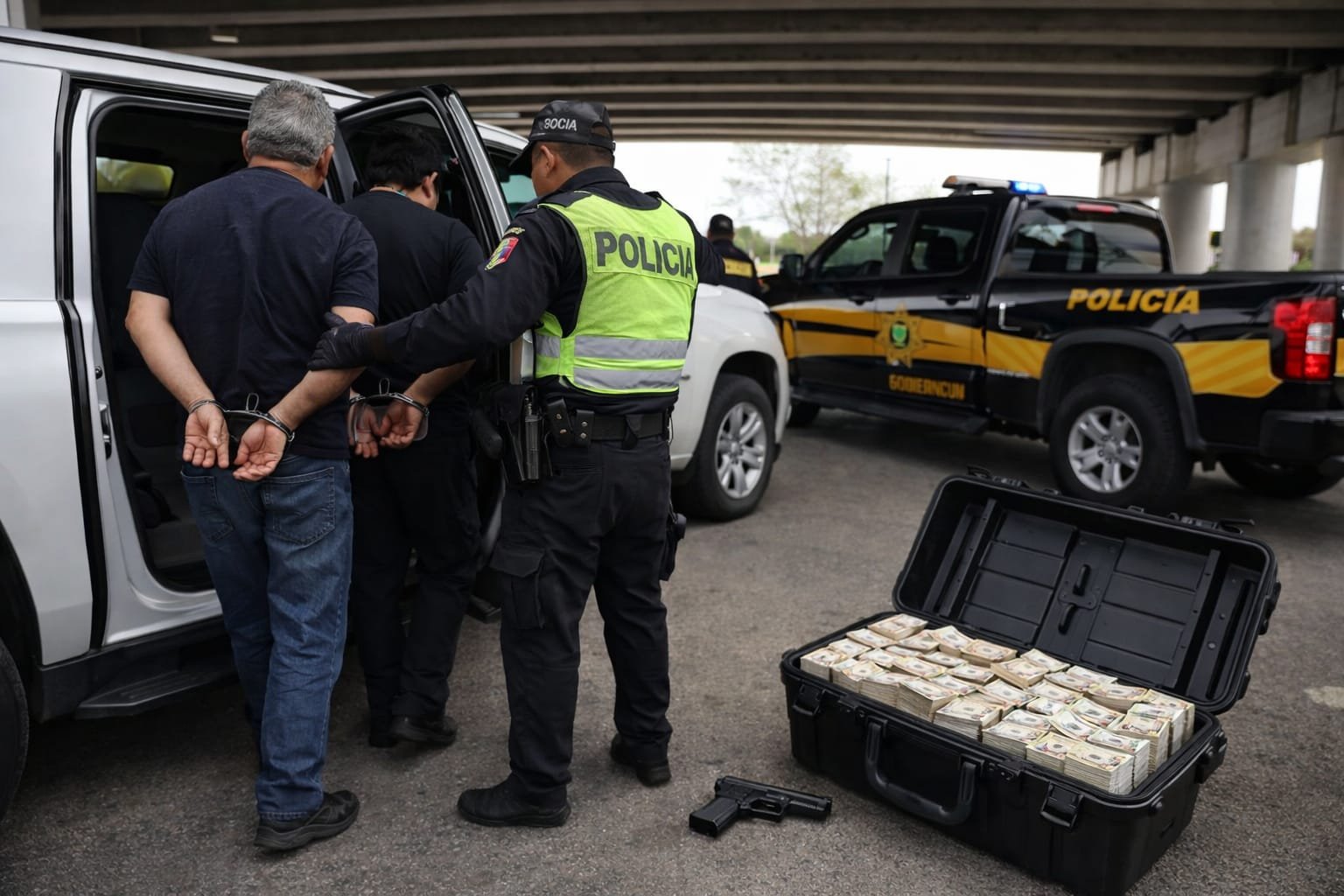 Police officers conducting an operation at a highway checkpoint under the Teya bridge on the Merida-Cancun road