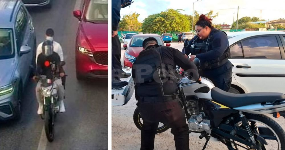 Police vehicles and officers at a scene in Cancún following a reported robbery