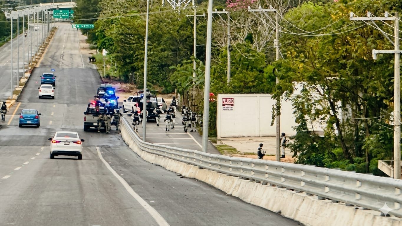 A police operation is taking place on a road near the Mexico border, with several law enforcement vehicles and officers present.$# CAPTION