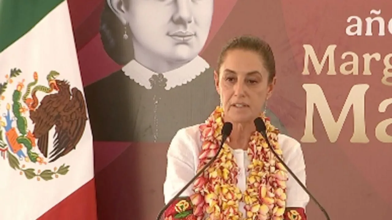 Mexican President Claudia Sheinbaum speaking at an event in Santo Domingo Tehuantepec, Oaxaca