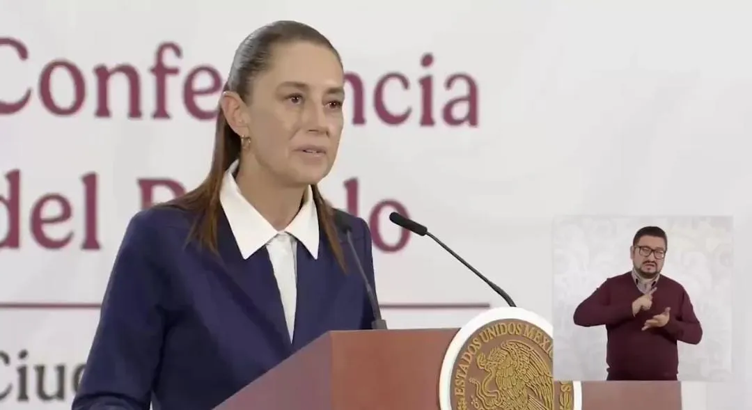 Mexican President Claudia Sheinbaum speaking at a press conference in Palacio Nacional