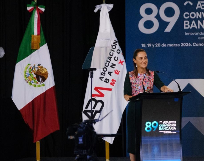Mexican President Claudia Sheinbaum addressing the audience at the 89th Banking Convention in Cancun