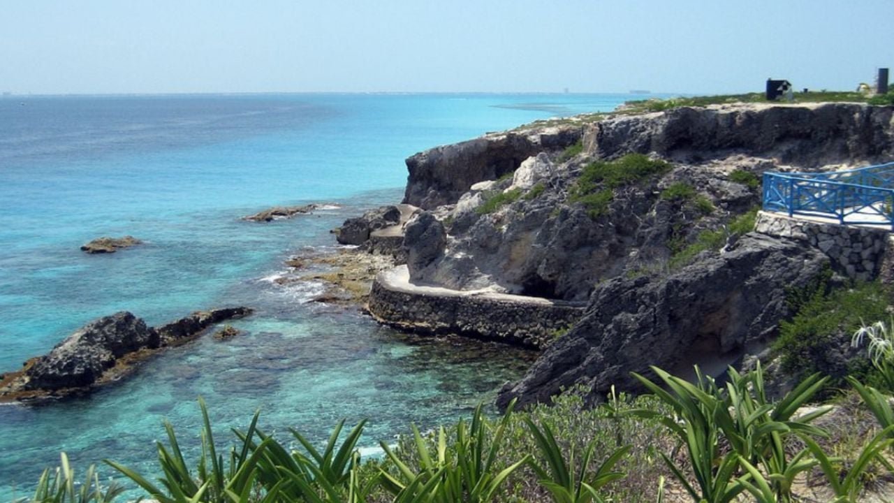 Aerial view of Punta Sur cliffs on Isla Mujeres with the Caribbean Sea in the background