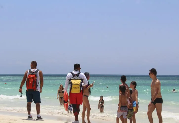 A view of a Quintana Roo beach with clear water and palm trees