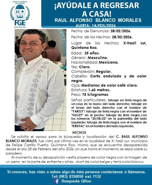 Official search alert flyer for Raúl Alfonso Blanco Morales issued by the Quintana Roo State Prosecutor's Office.