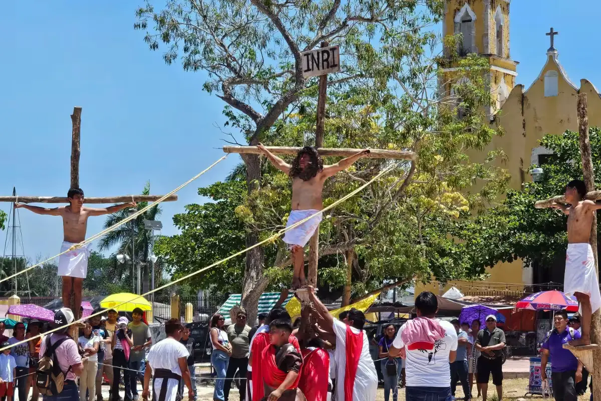 Actors rehearsing for the Living Stations of the Cross in Seyé, Yucatán