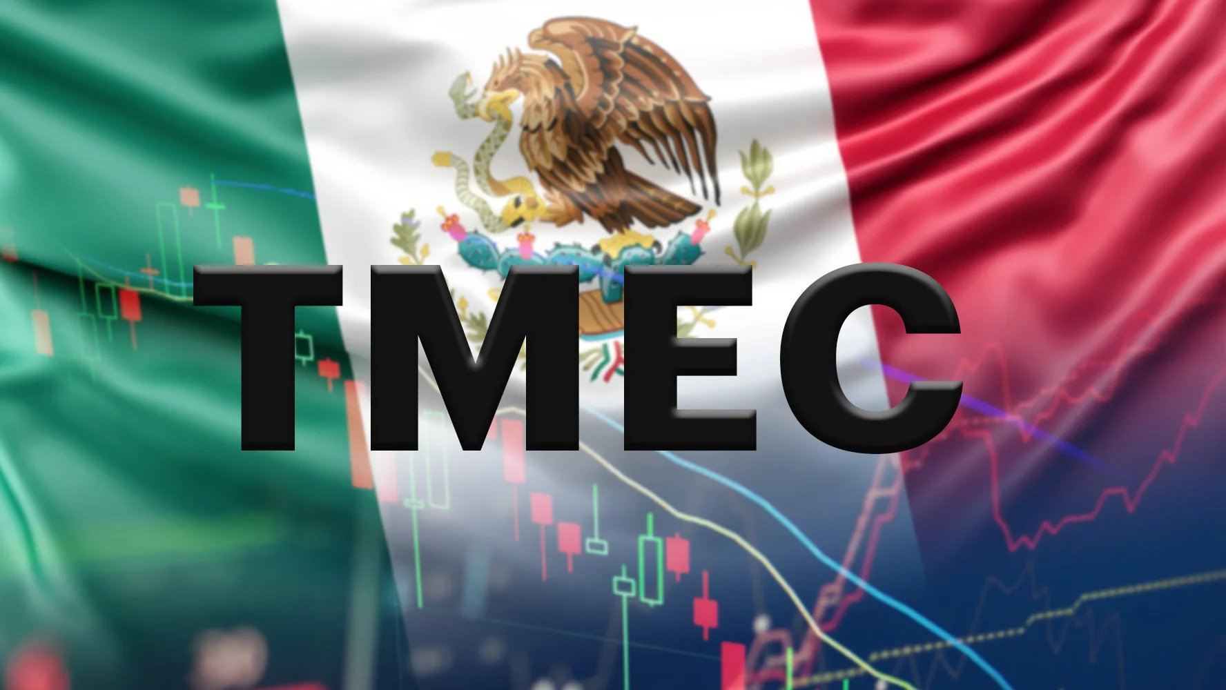 Graphic representation of the TMEC trade agreement with the Mexican flag in the background and stock market charts - a symbol of economic collaboration.