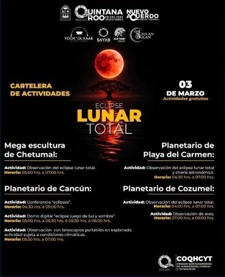A total lunar eclipse, or Blood Moon, visible in the night sky over Quintana Roo