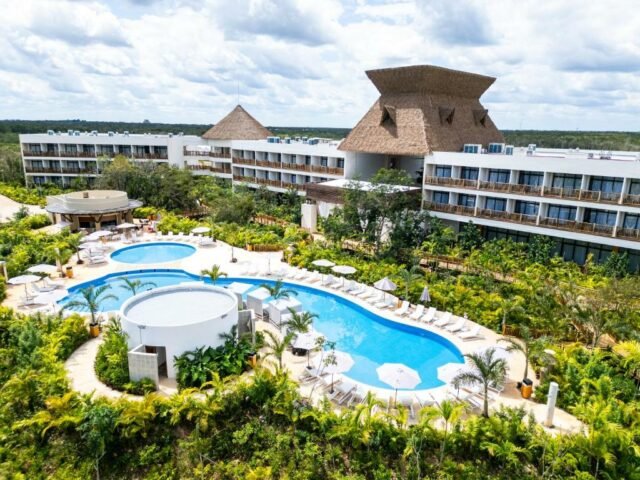 Exterior view of the Tren Maya hotel in Calakmul, part of the Grupo Mundo Maya chain