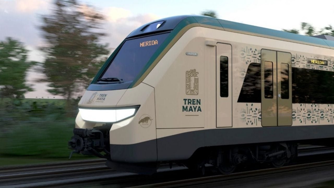 A Tren Maya train traveling through the Yucatan Peninsula landscape