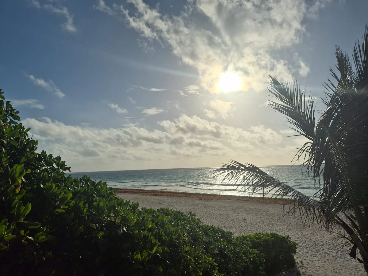 A view of a Tulum beach showing rocky terrain and limited access points