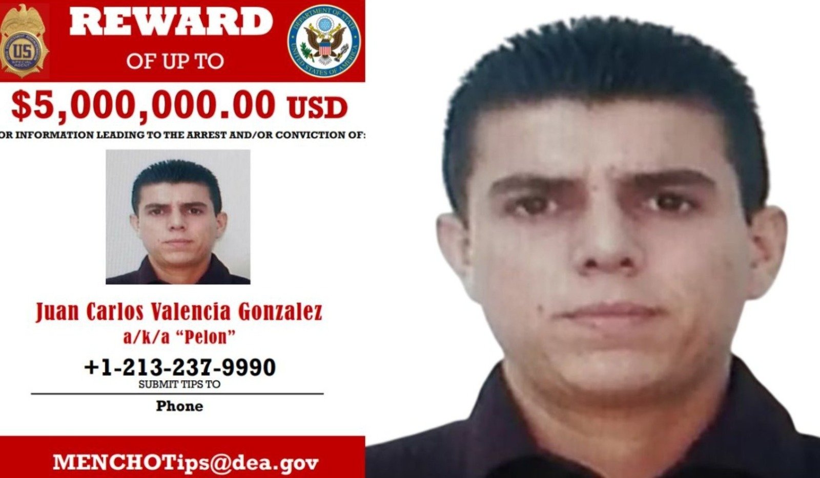 A wanted poster for Juan Carlos Valencia Gonzalez offering a reward of $5,000,000 for information leading to his arrest or conviction. His photograph and contact details are provided on the poster.