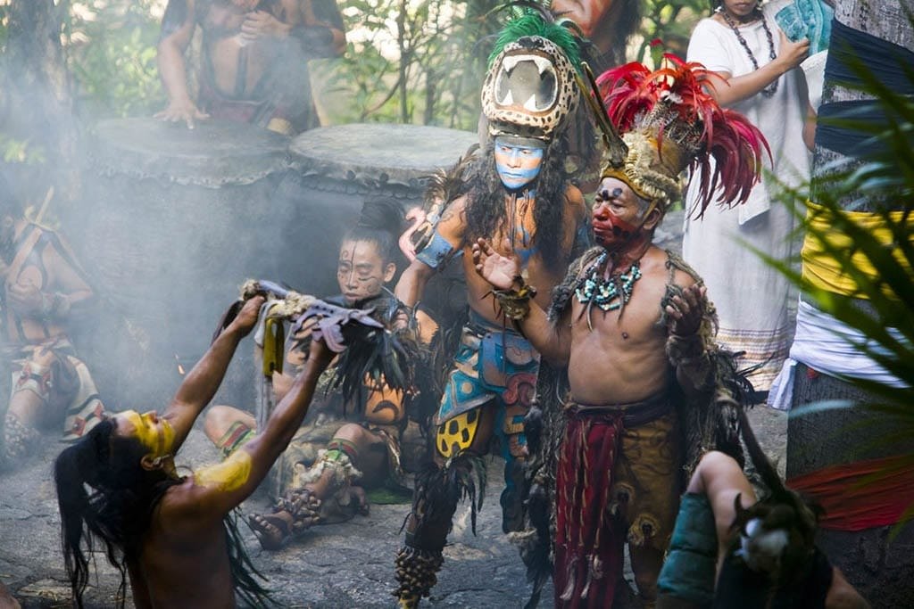 Xcaret theme park in Quintana Roo, Mexico, featuring Maya-inspired architecture and symbols