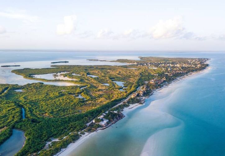 Aerial view of the Yum Balam Biosphere Reserve showing mangroves and coastal areas near Holbox Island