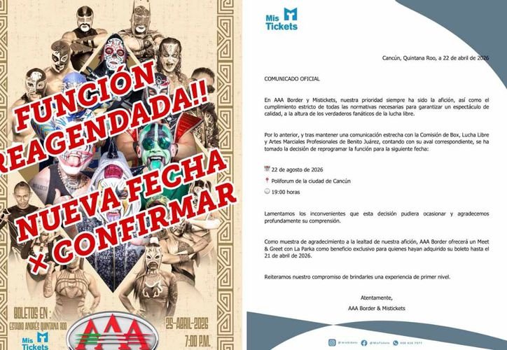 Lucha libre wrestlers in the ring at a AAA Border event in Cancun