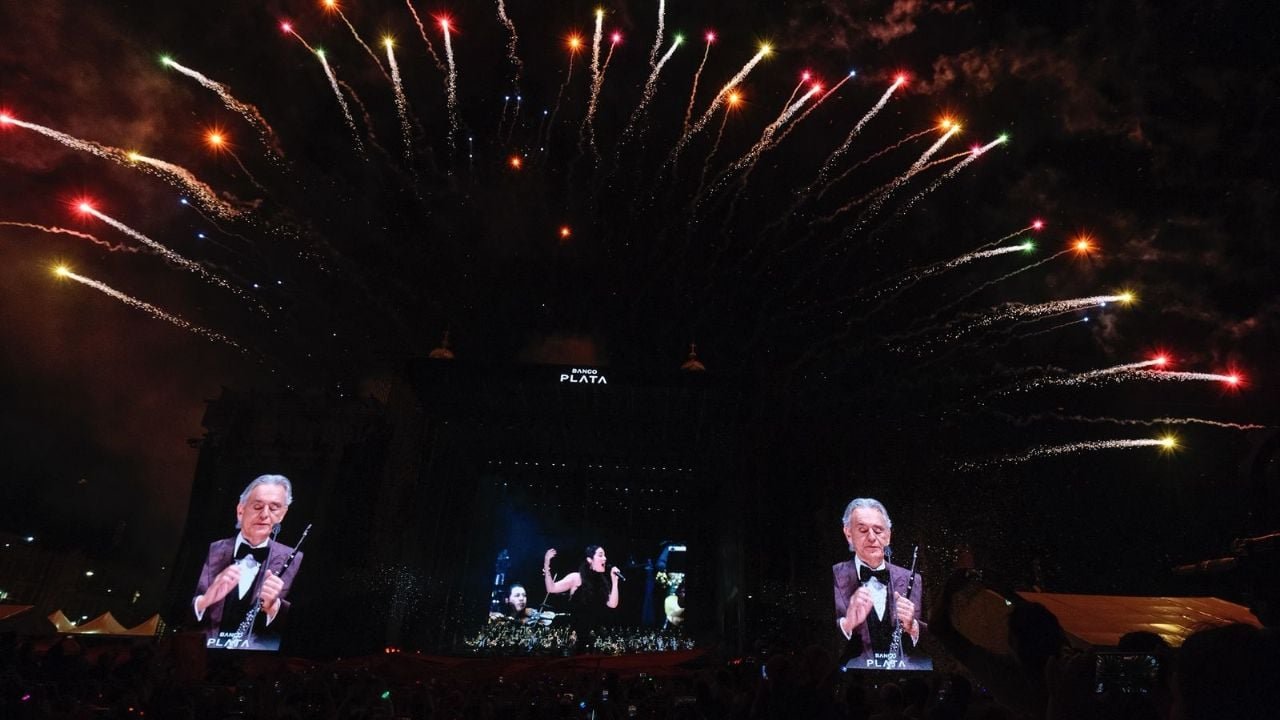 Italian tenor Andrea Bocelli performing on stage at Mexico City's Zócalo square during his concert