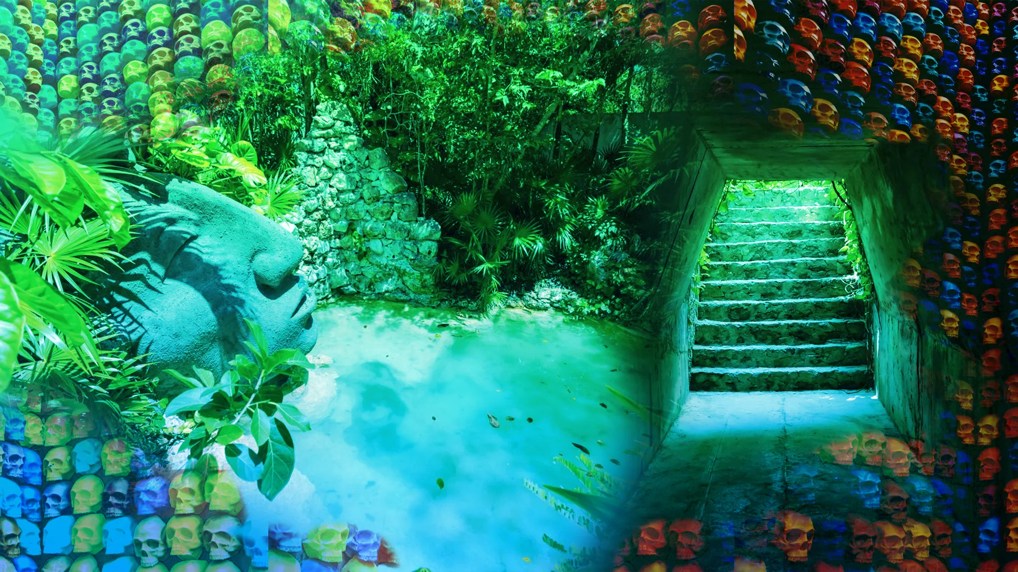 A contemporary art installation at Atik Tulum Park featuring colorful skulls in a jungle setting