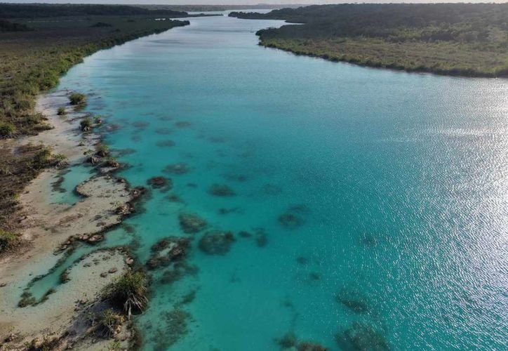 Aerial view of Bacalar Lagoon in Quintana Roo, Mexico, showing its distinctive coloration