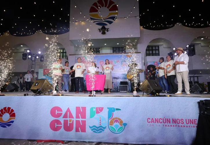 Aerial view of Cancún's coastline and urban development on its 56th anniversary