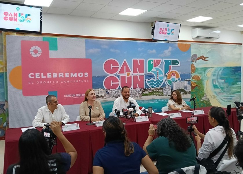 A promotional image for Cancún's 56th anniversary cultural agenda, showing event details or city landmarks